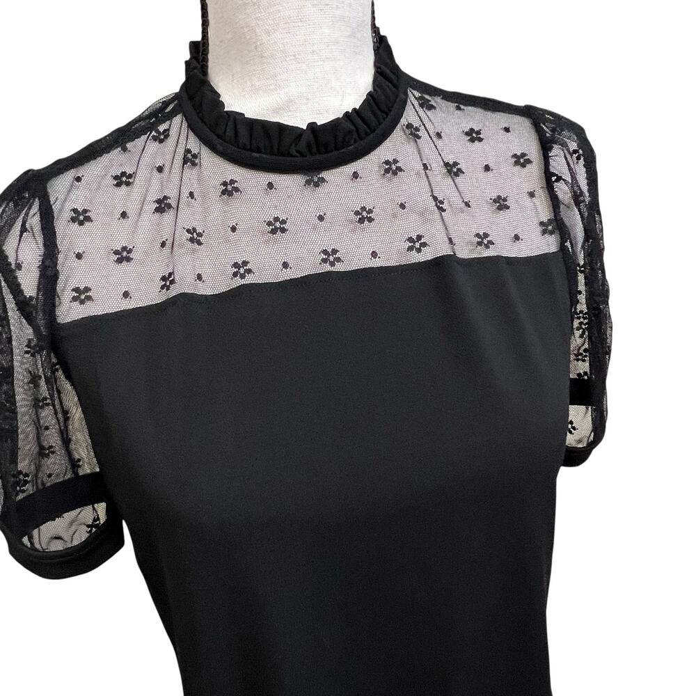Adrianna Papell Black Mesh Lace Blouse Small Sheer Yoke Top Short Sleeve - Picture 2 of 8